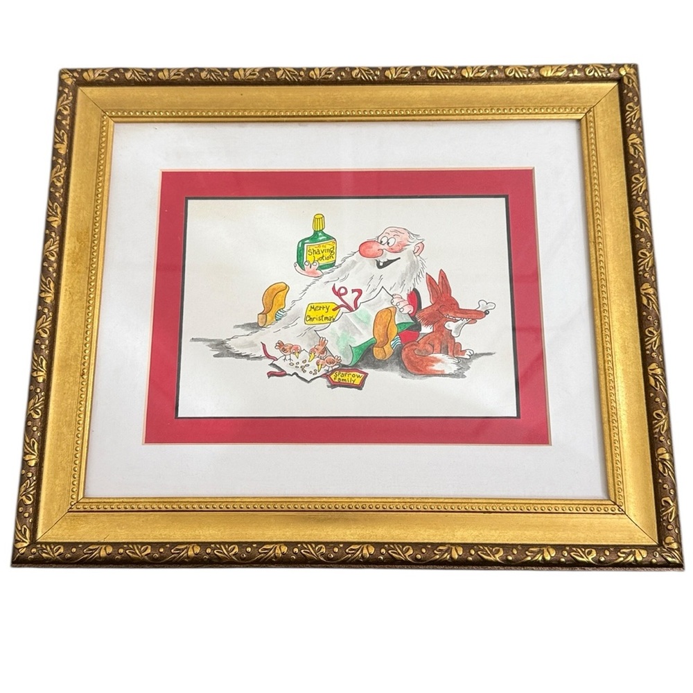 Santa Clause & His Elves Wall Decor Re-Drawn Painted Gold Frames Set of 3 - Picture 13 of 16